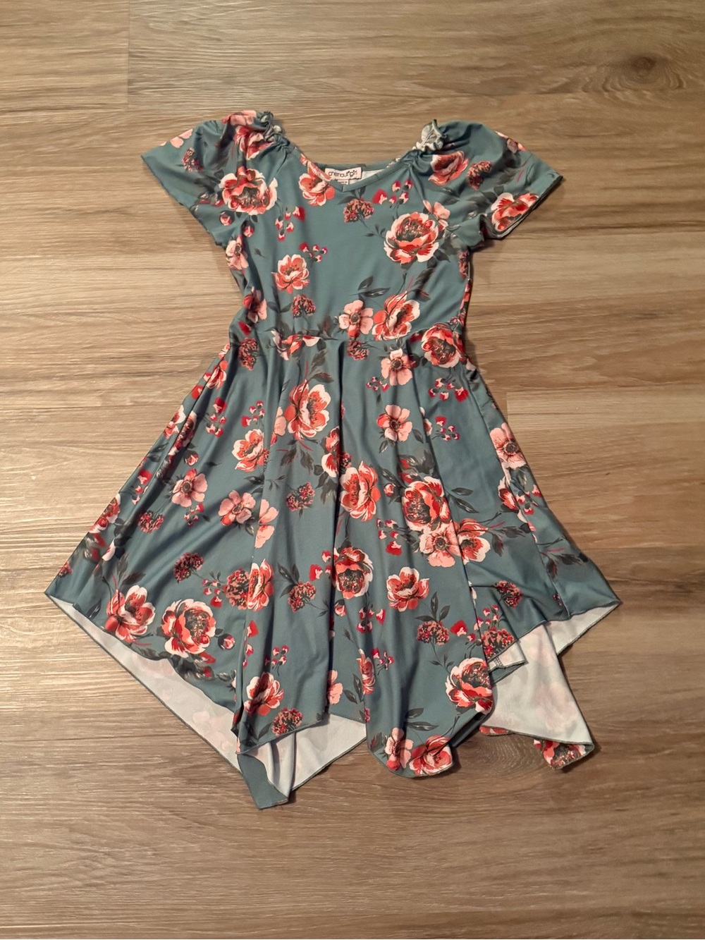 Chenault Girl | Floral Dress for Kids - Teal with Coral Flowers with bandana hem